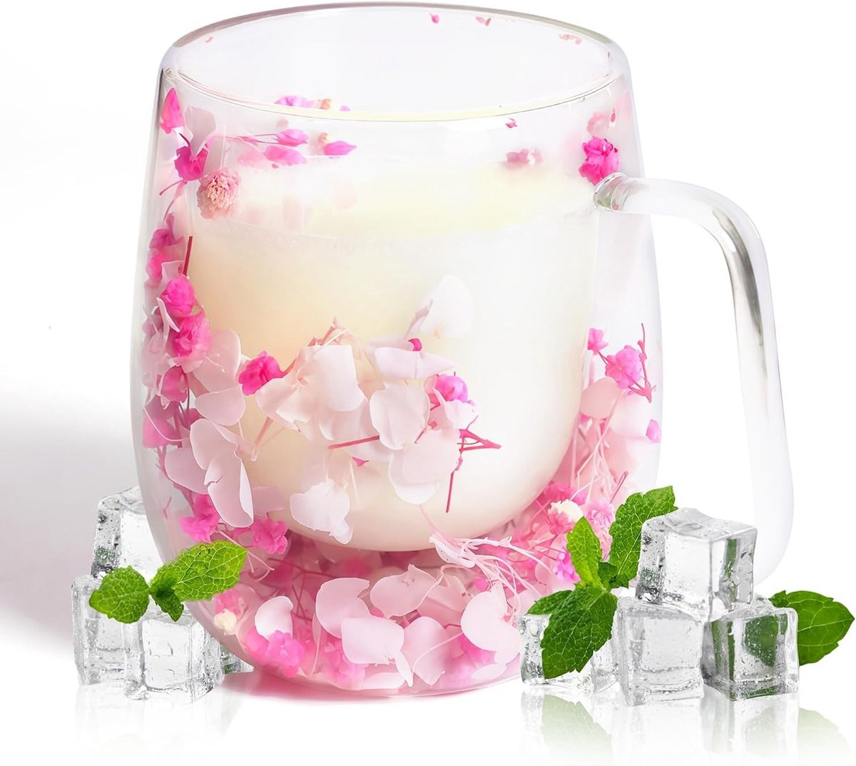 Dubbele Glazen Bloem Koffiemok met Handvat, Geïsoleerde Koffiemok, Cadeau voor Moeder, Vriendin of Leraar, 370ml, Uniek en Elegant Ontwerp
