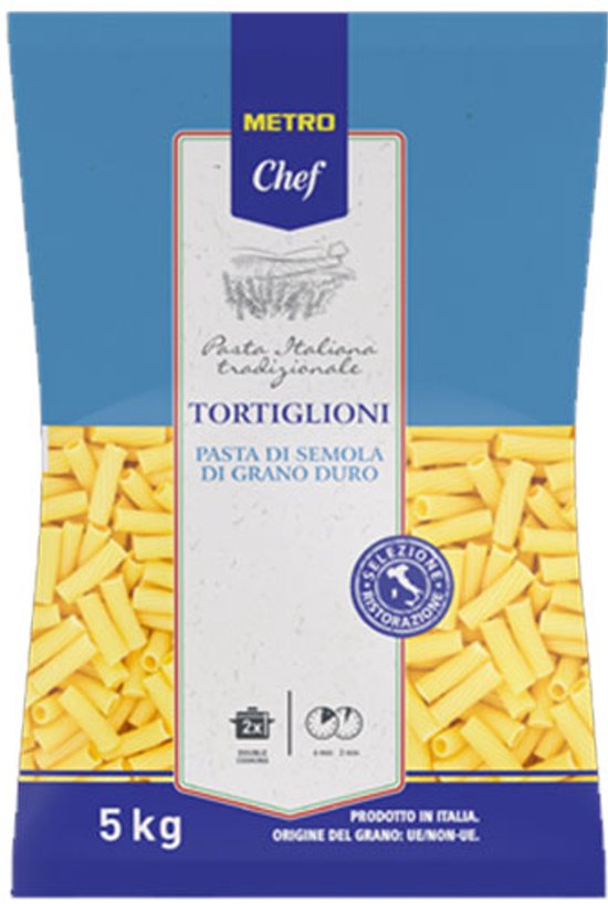 Pâtes Tortiglioni Metro Chef de blé dur, 5 kg. Un paquet rempli de pâtes traditionnelles italiennes.