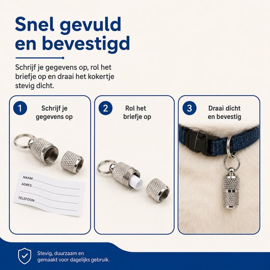 Stapsgewijze instructies voor het vullen en bevestigen van de adreskoker.