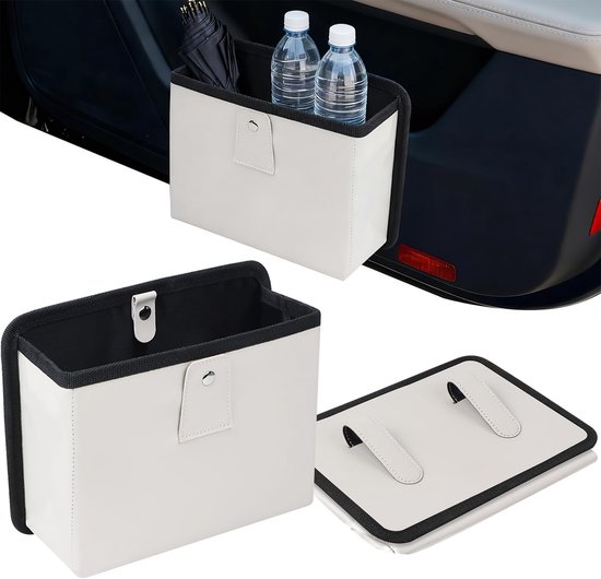 Witte opbergtas voor in de auto met zwarte rand, geschikt voor flessen en paraplu, inclusief achterkant met clips.