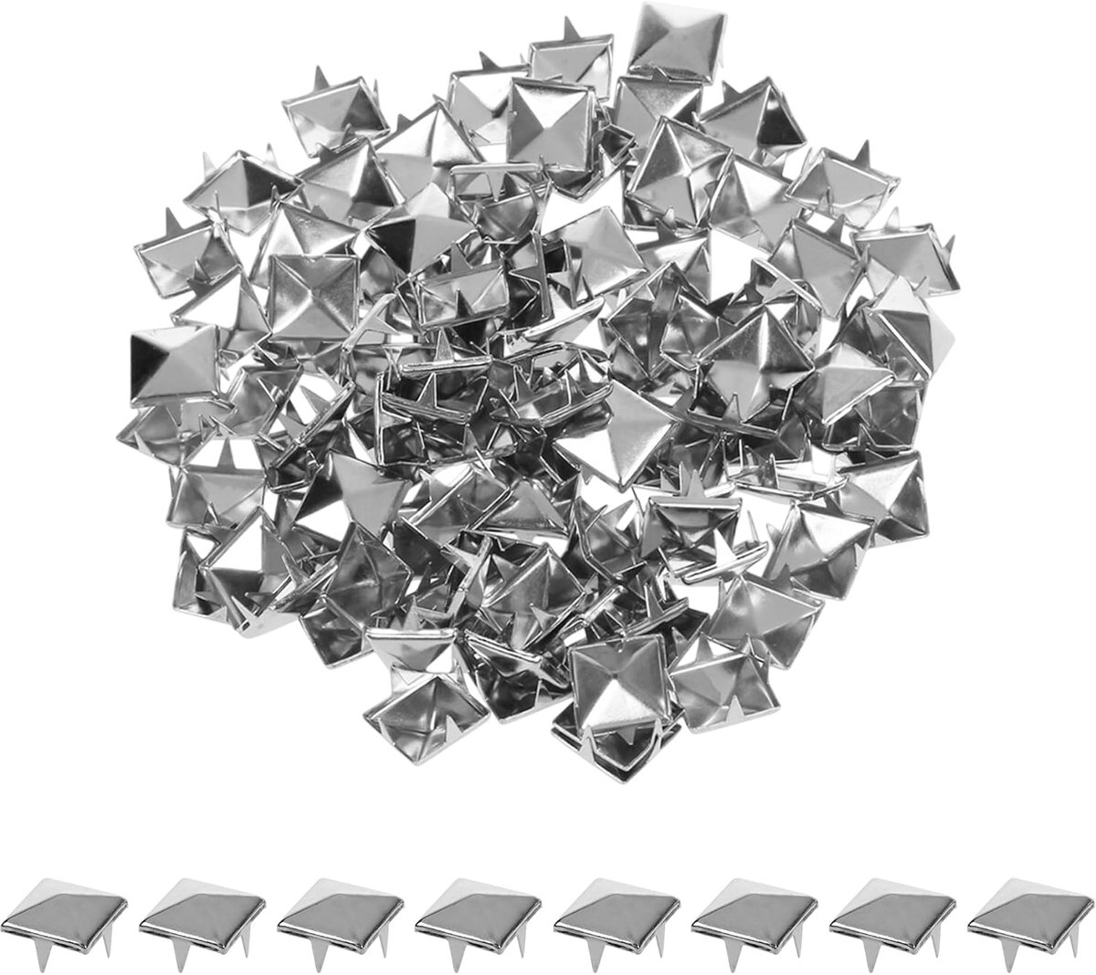 WedDecor 100-delige set: 8 mm zilveren vierkante piramidestuds — metalen klinknagels met 4 pootjes voor leerbewerking, riemen, tassen, schoenen en punk- & gothic-modeaccessoires