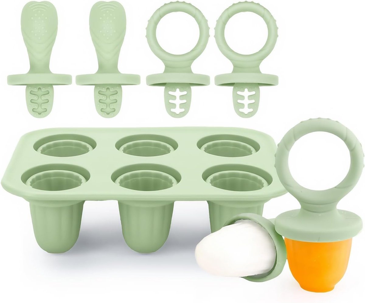 VHV - Ijsvormpjes - Ijsblokjesvorm - Siliconen ijslollyvormpjes - 6 ijslollyvormpjes met plastic stokjes - Voor jonge kinderen - Groen