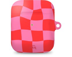 xoxo Wildhearts hoesje geschikt voor Airpods 1/2 - Drunk In Love - Ook als telefoonhoesje verkrijgbaar - schokbestendige case geschikt voor Airpod 1 en 2 - koptelefoon case - Beschermhoes met print - golvende blokjes - roze / rood