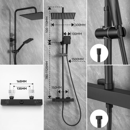 Sofetiy Max Regendouche - Ø 30 cm - Handdouche Met 6 standen - Waterbesparend - Inclusief thermostaatkraan - Zwart