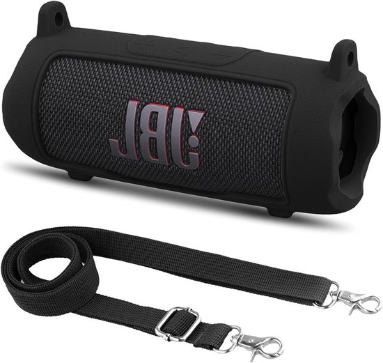 Siliconen beschermhoes voor Bluetooth speaker JBL Flip 7, schokbestendig, anti-slip, met afneembare schouderband, zwart