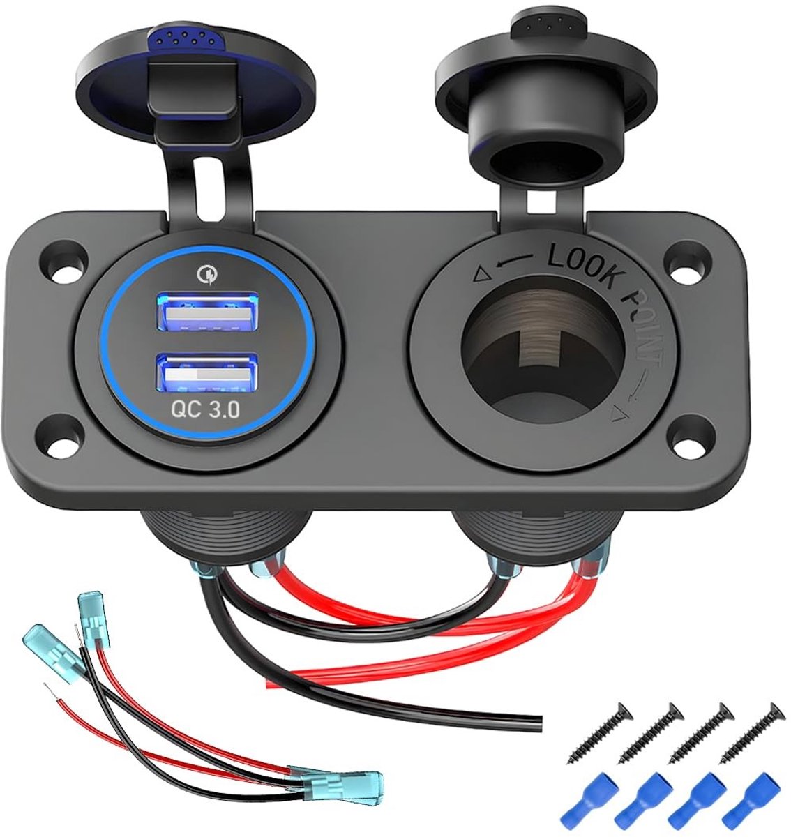 Dailygoody - USB-stopcontact - Auto 12 V-24 V - Eenvoudig te installeren - Zwart - Quick Charge 3.0 - Geschikt voor motorfiets, boot, vrachtwagen