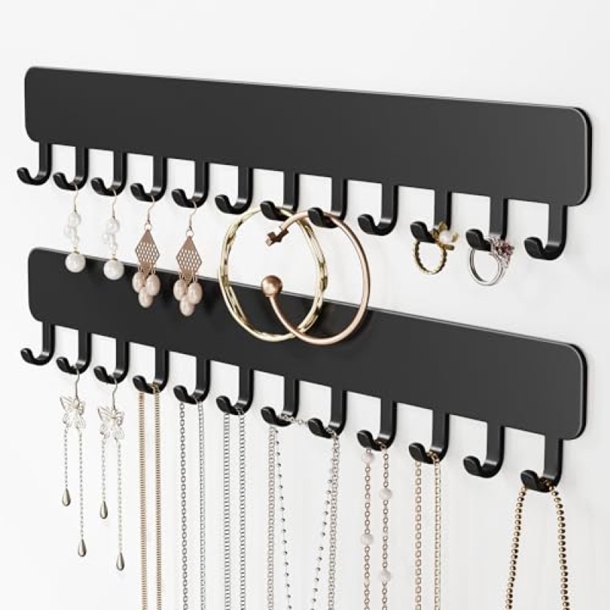 PromoHome Wandgemonteerde Sieradenorganizer met 11 Haken - Zelfklevende Ophanghouder voor Kettingen, Armbanden en Oorbellen - 2 Stuks, Zwart