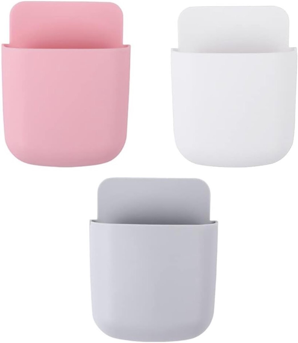 Georganiseerde Wandmontage Opbergdoos voor Afstandsbediening, Oplader en Smartphone Accessoires - Multifunctionele Organizer in Wit, Roze en Grijs