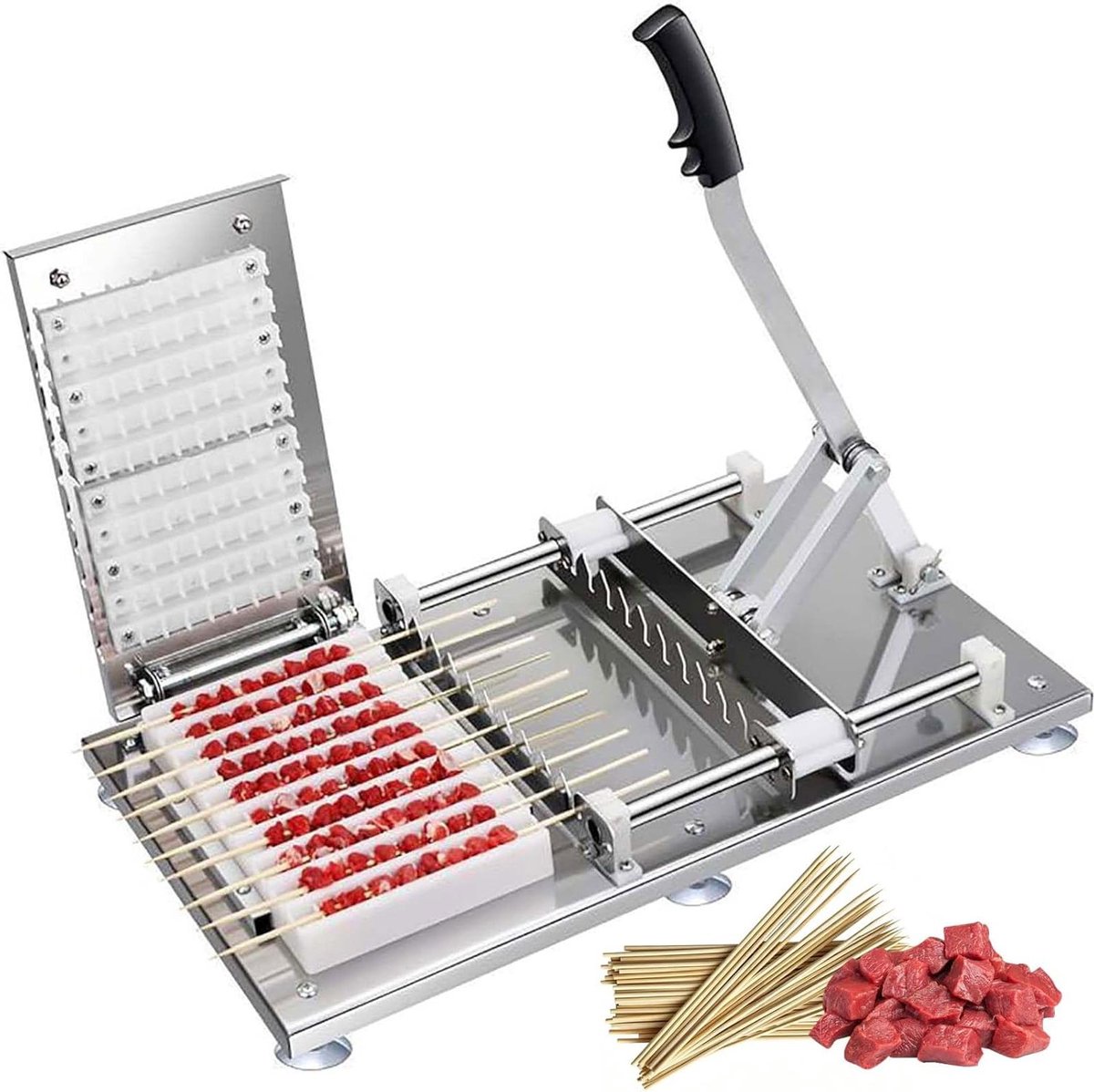 Spiesmachine - Kebabmaker - BBQ Voorbereiden - Handmatig 10 Spiesen - 100 Bamboespiesen - Zilver