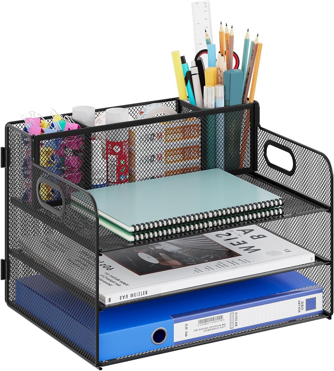 Desk Shelf voor A4 Papier met 3 Compartimenten - Metalen Net Desk Organizer voor Thuis en School, Zwart
