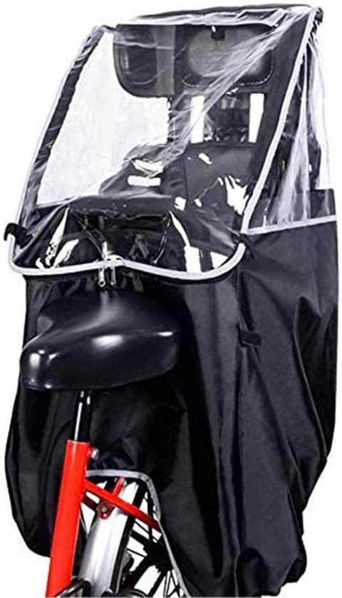 Zwarte fietszitje regenhoes met doorzichtig voorpaneel, gemonteerd op een rode fiets.