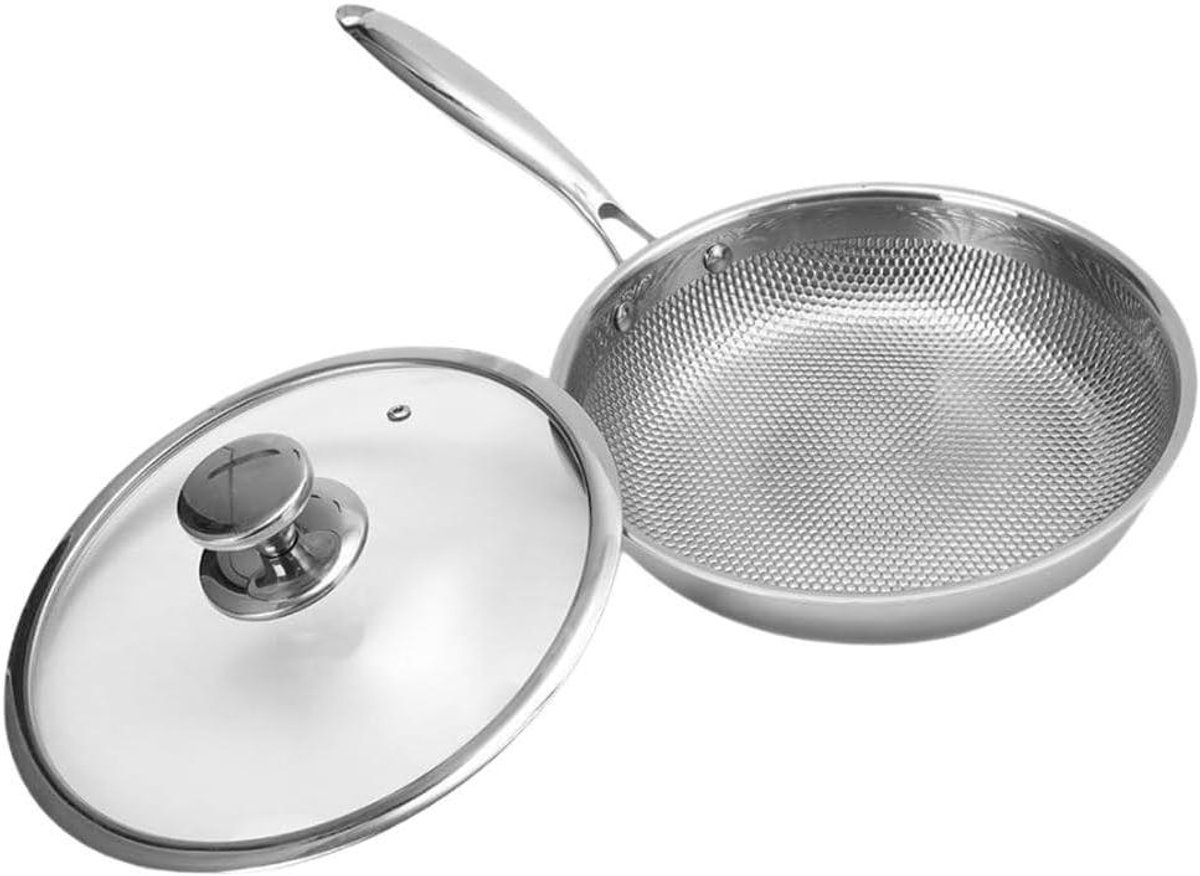 Roestvrijstalen Wok - Koekenpan Antiaanbak - Koken op Inductie - Gehamerde Antiaanbaklaag - 24 cm - Zilver