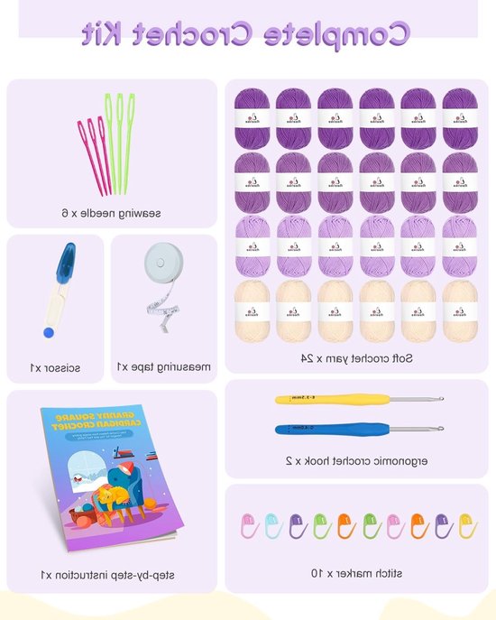 Beginner Haakset voor Granny Check Cardigan, Inclusief Haaknaalden, Wol en Accessoires voor Creatieve Projecten — afbeelding 2