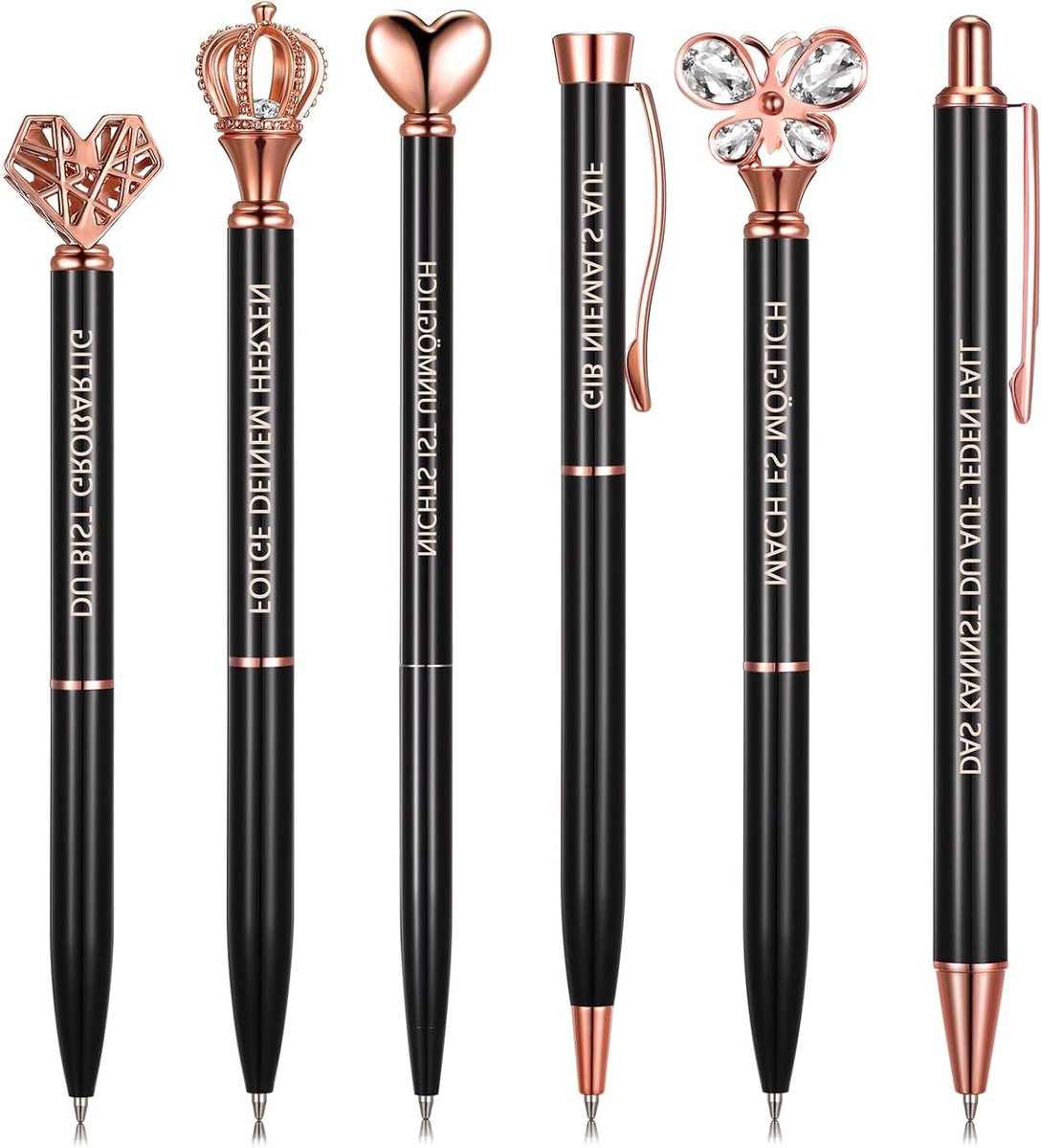 Retractable Balpen met Inspirerende Motiverende Teksten voor Vrouwen, Aluminium met Vlinder en Kristaldecoratie, Inclusief Trekkoordtas (Zwart)