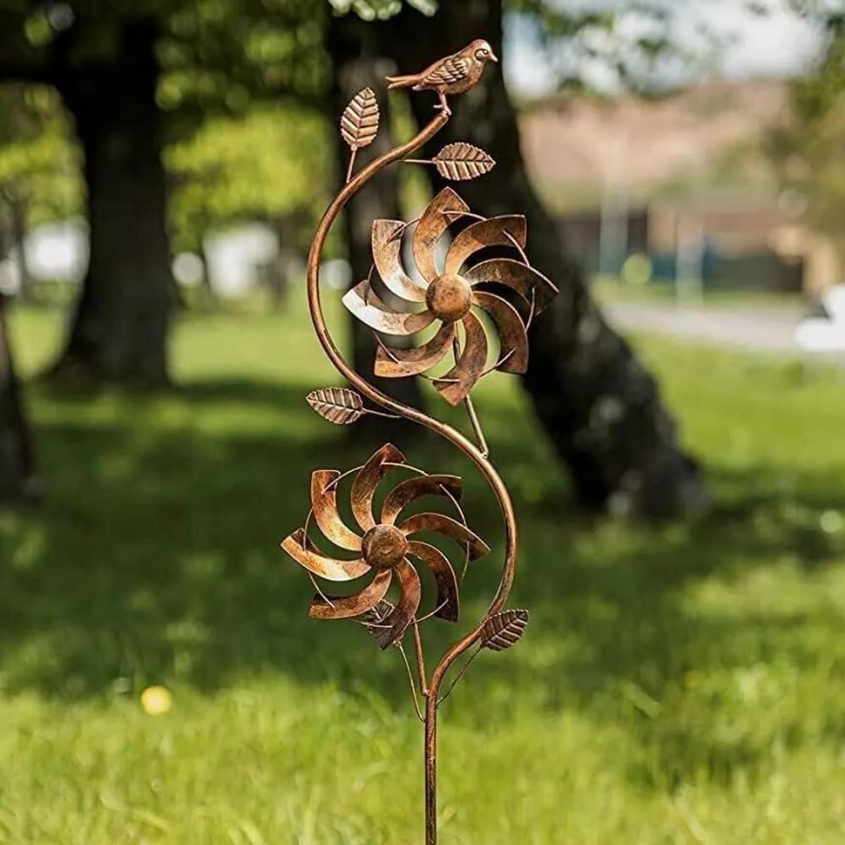 Wind Spinner Tuin - Windmolen Metaal - Tuin Decoratie - Bloemen Vogel Ontwerp - 130 x 20 cm - Brons