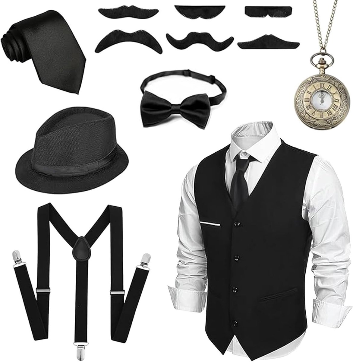 Maffia kostuum voor heren uit de jaren 1920 met accessoires, bretels en vesten voor carnaval en themafeesten