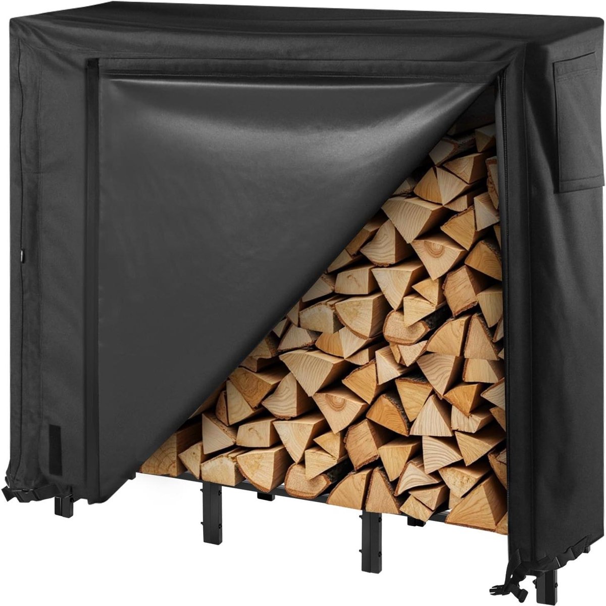 Houtopslag Rek - Houtrek Buiten - Haardhout Opslaan - Met Waterdichte Hoes - 122 cm Breed - Zwart