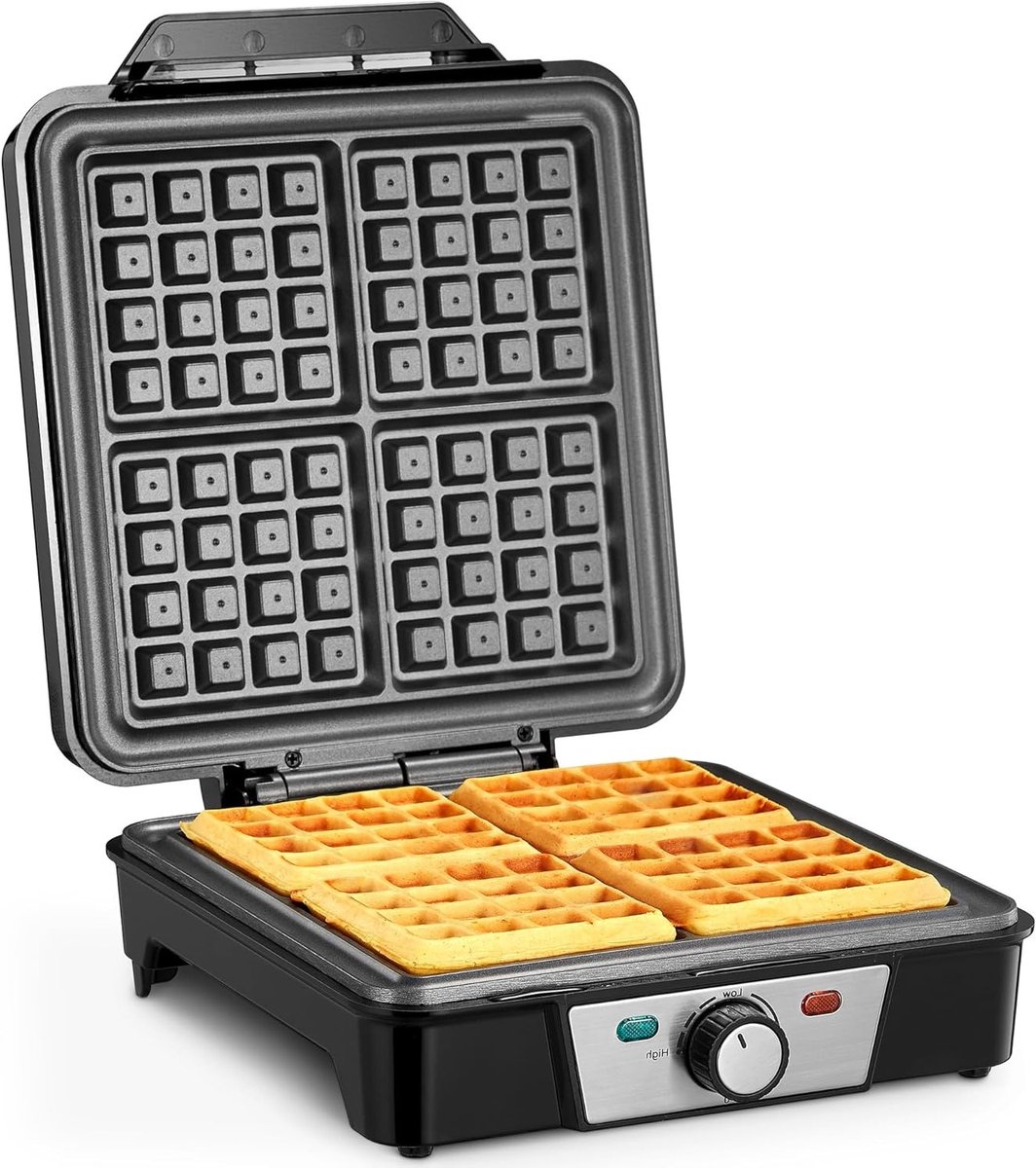 Wafelijzer voor 4 Belgische wafels, 1200 W, elektrisch met anti-aanbaklaag, verstelbare temperatuur en eenvoudig schoon te maken, roestvrij staal