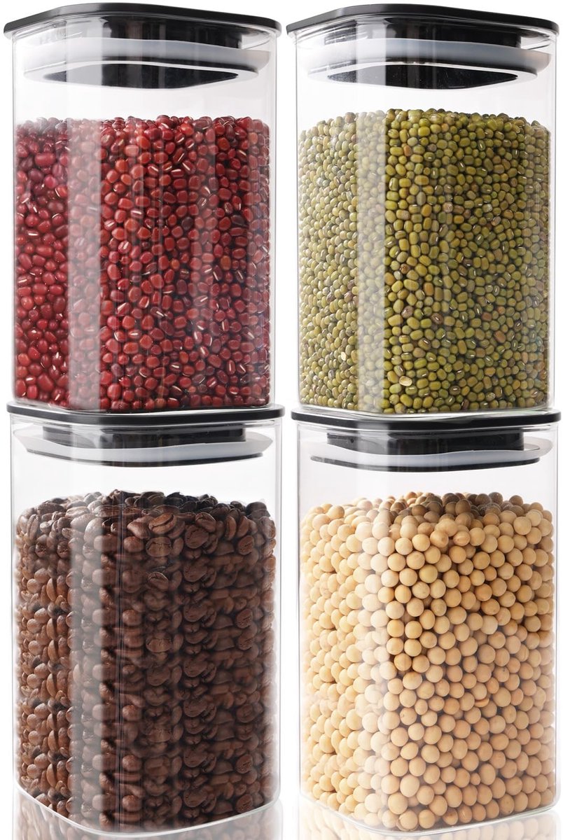 Dailygoody - Opslagpotten - Set van 4 - Airtight - Glas - Voor droge kruiden en pasta - Ideaal voor keukenorganisatie - 1.2L vierkant