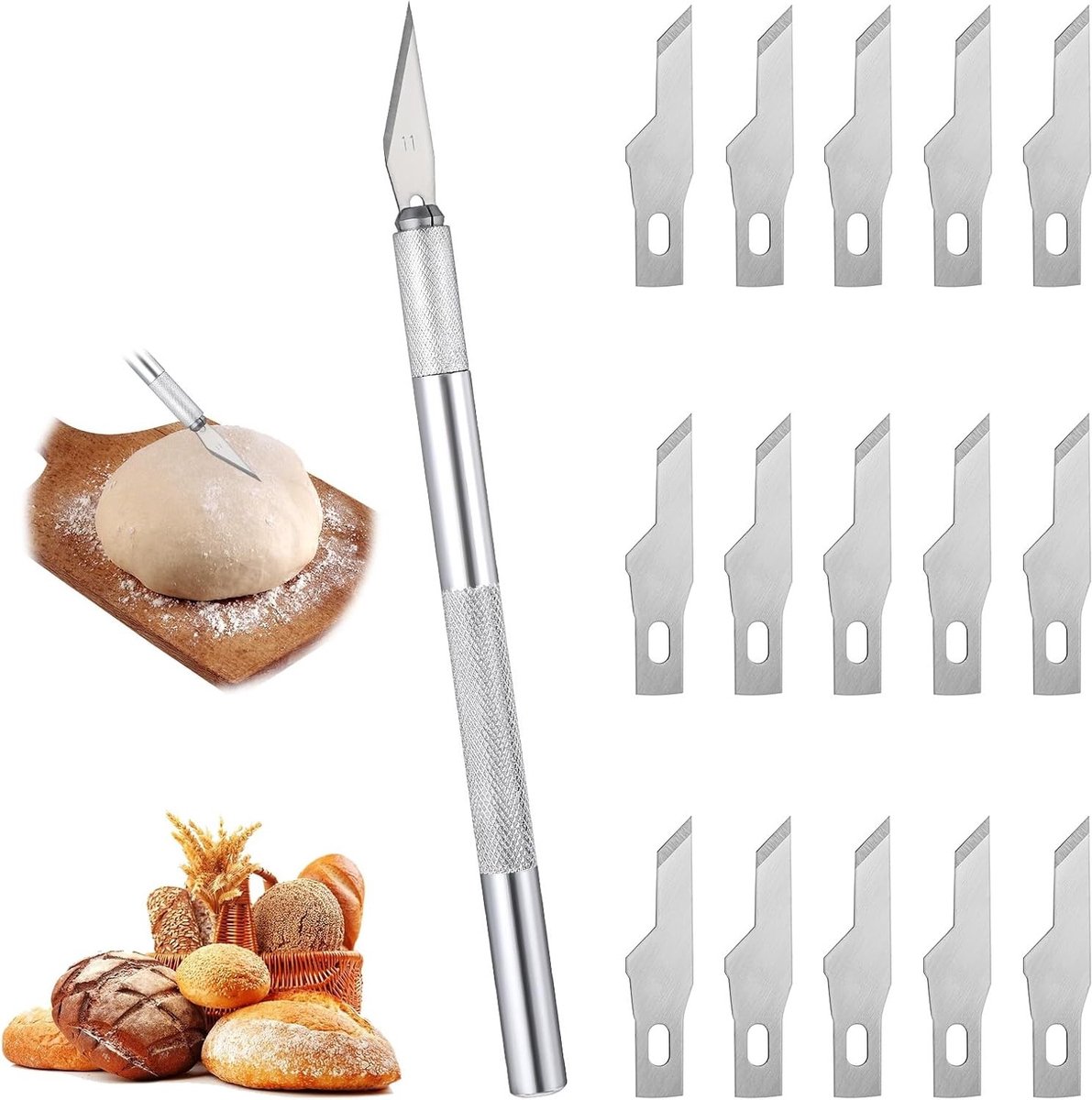 Professioneel Broodmes met 15 Snijkanten, RVS Baguette Mes en Deegmes met Beschermende Plastic Case