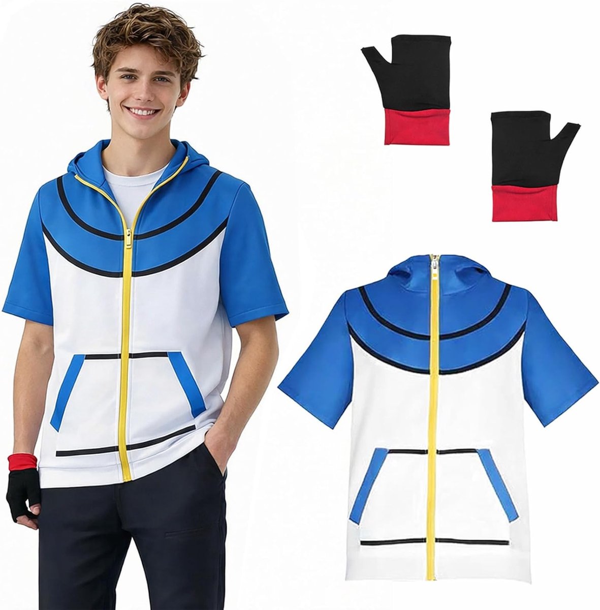 Lichtblauwe en Witte Hoody Kostuumset met Handschoenen van Ademend Polyester voor Volwassenen, Ideaal voor Conventies, Carnavals en Themafeesten