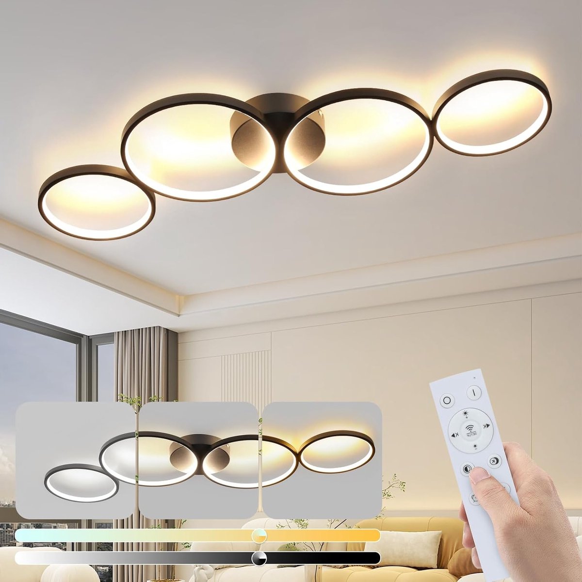Moderne dimbare LED plafondlamp met 4 ringen voor woonkamer, slaapkamer en keuken - 100 cm, 56W, met afstandsbediening en stijlvol ontwerp