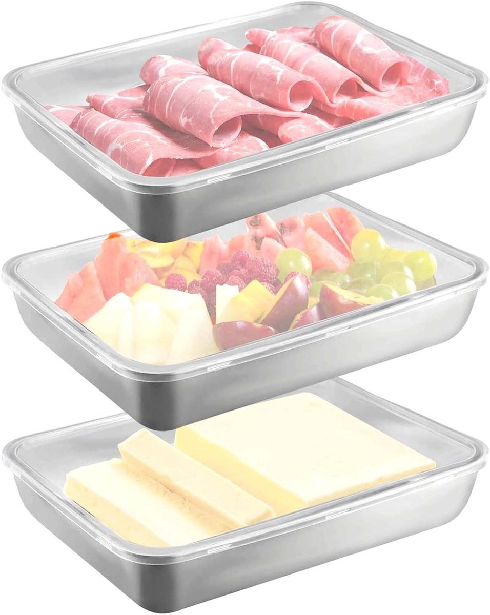 Voedselcontainer Set - Koelkast Organizer - Voedsel Bewaren - Roestvrij Staal - 3 Stuks - Zilverkleurig
