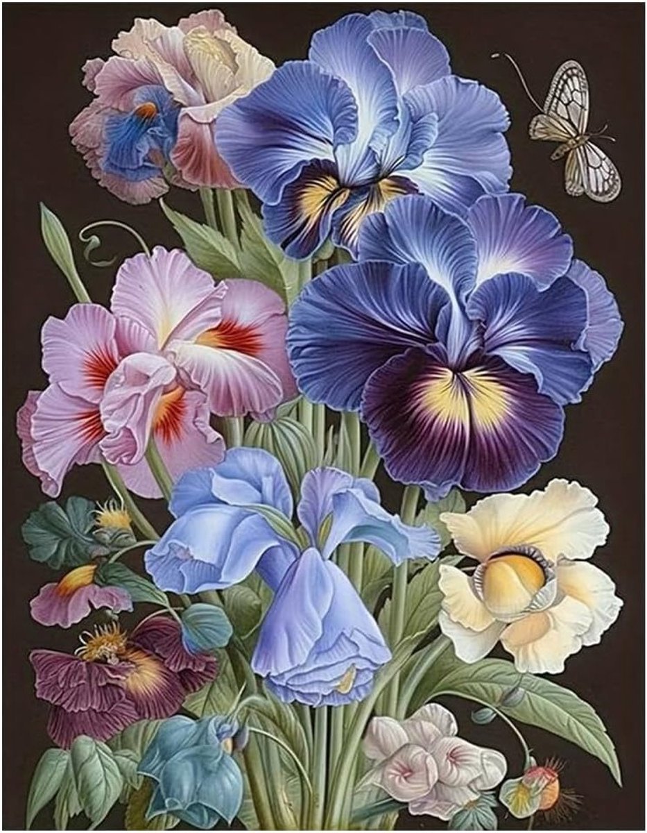 Grote transparante diamant schilderij van paarse bloemen, 40 x 50 cm, diamant schilderen, iris, borduren, schilderen op nummers, wanddecoratie, bloemenkunst, creatief hobbyproject