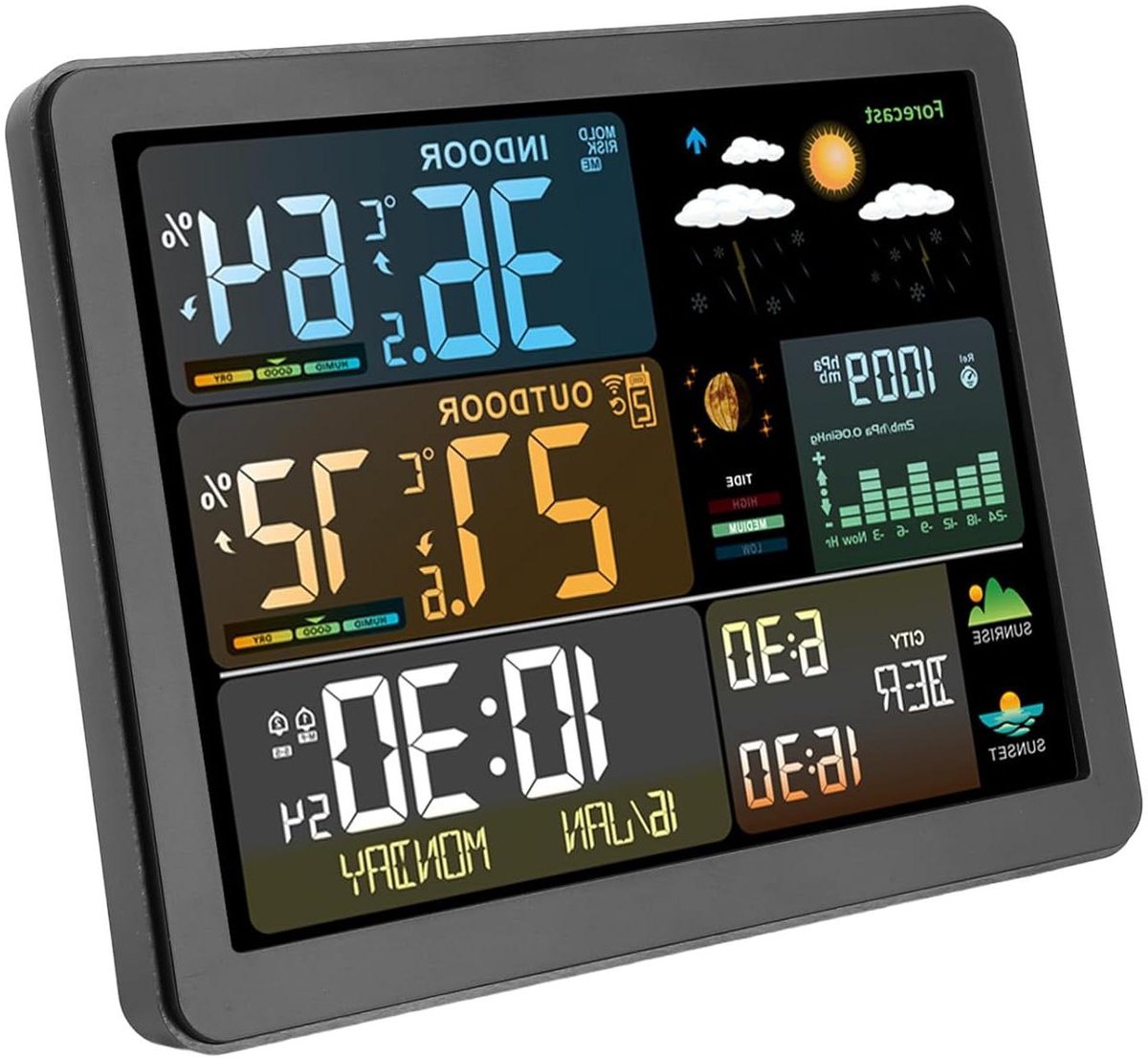 Draadloos Weerstation - Binnen Buiten Thermometer - Weersvoorspelling Thuis - 6 Weersvoorspellingen - 19 x 15 x 7 cm - Zwart