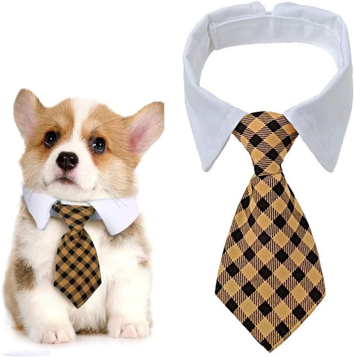 Verstelbare Hondenhalsband met Strik voor Trouwerij, Formele Outfit en Kostuum voor Honden (Geel Geruit, L)