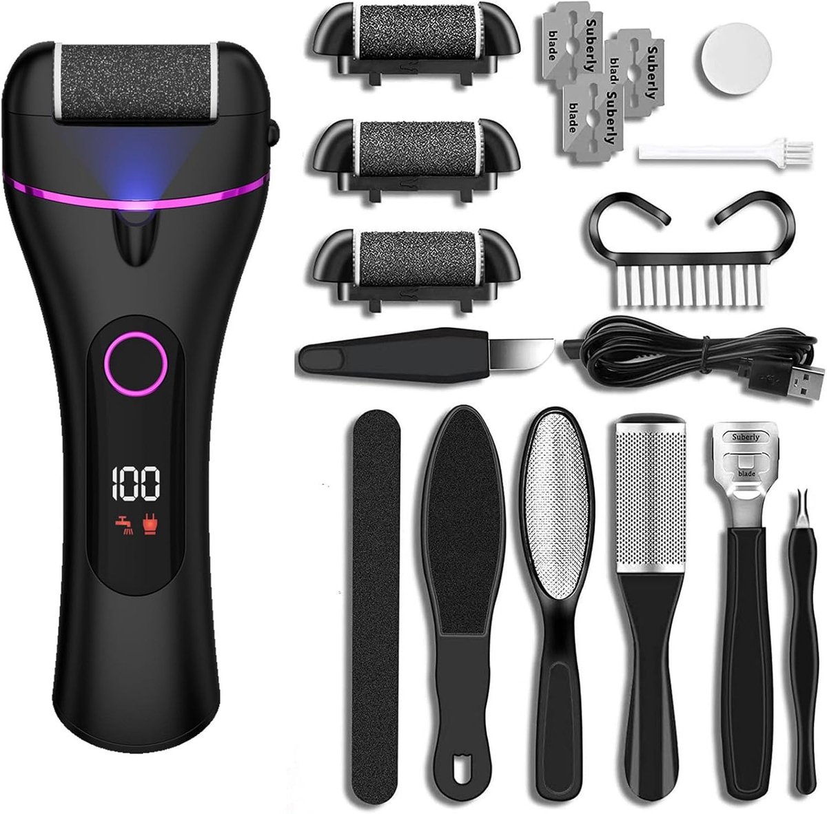 Elektrische voetvijl, 14-in-1 oplaadbare voetslijpmachine, eeltverwijderende pedicureset, krachtige 1200mAh batterij, IPX5 waterbestendige voetverzorgingsvijl, 2 verstelbare snelheden, 3 rollerkoppen en verlichting
