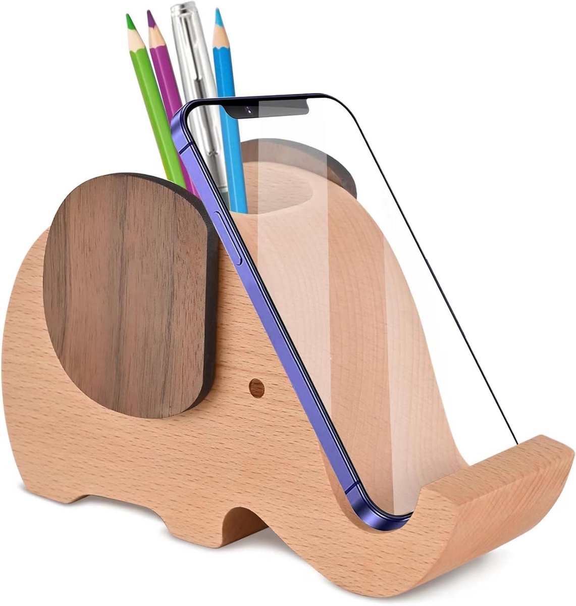 Houten Olifanten Potloodhouder en Telefoonhouder als Bureau Organizer voor Kantoor en Thuisgebruik