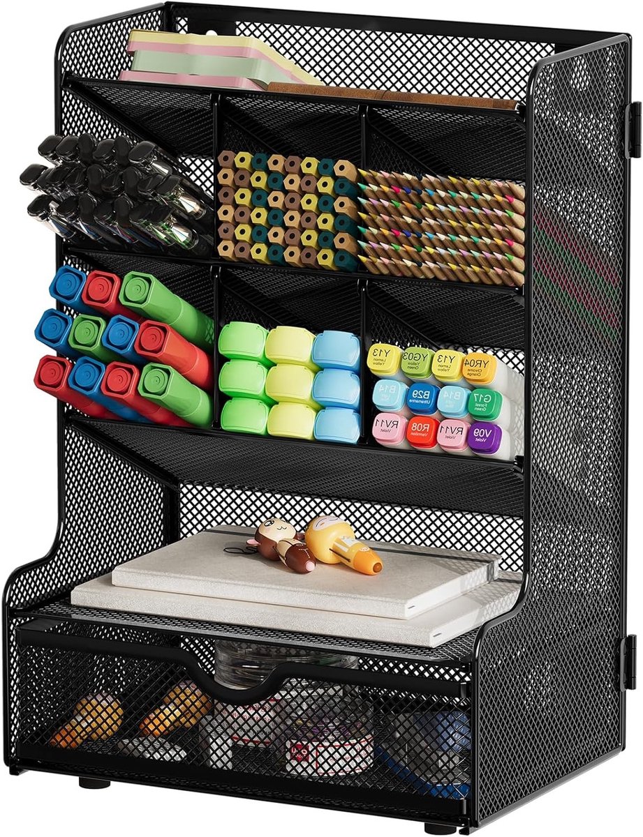 4-Laags Mesh Bureau Organizer voor Pennen en Kantoorbenodigdheden - Multifunctionele Opbergoplossing met Lade, Zwart