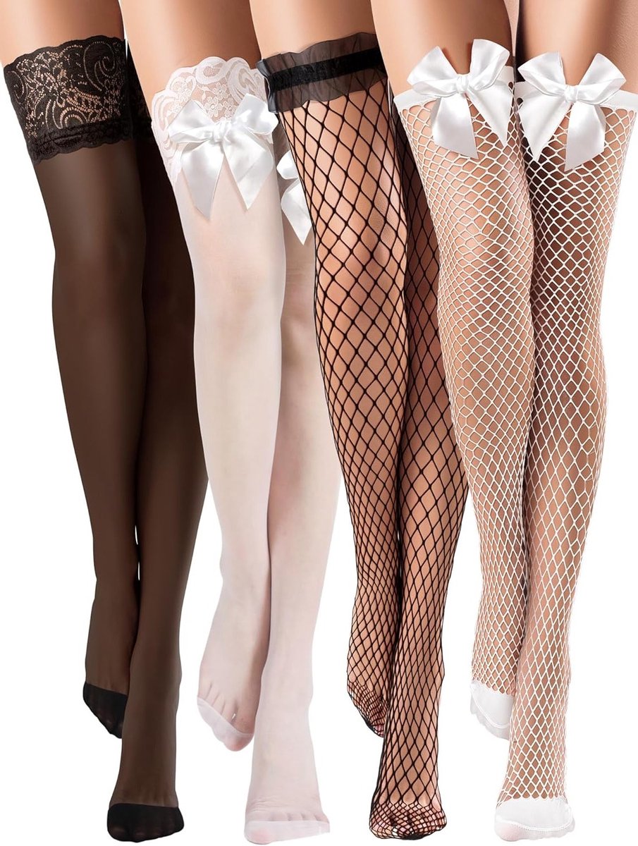 Adhesive Mesh Kousen met Silicone Lacy Top voor Dames - Zwart en Wit, M - Comfortabele en Sexy Thigh Highs