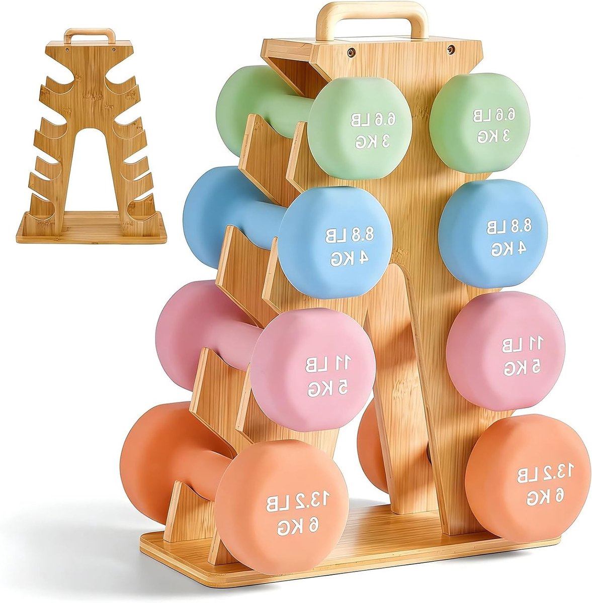 Dumbbell Stand en Gewichten Set, 4-laags Houten A-Frame Rack voor 3-7 kg Halters, Ruimtebesparende Fitness Organizer met Draaghandvat voor Thuisgym, Ideaal voor Beginners en Gevorderden