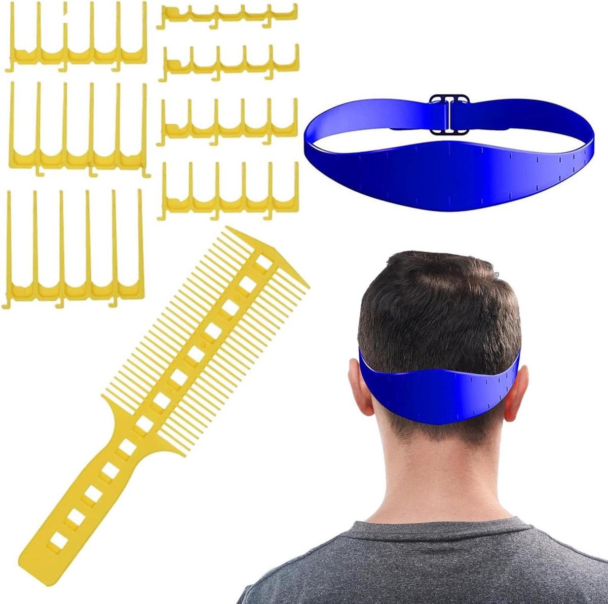 Haar Sjezer Sjabloon - Haarkam Gids - Thuis Kapsel Maken - Gladde Halslijn - 7 Kamtanden - Geel en Blauw