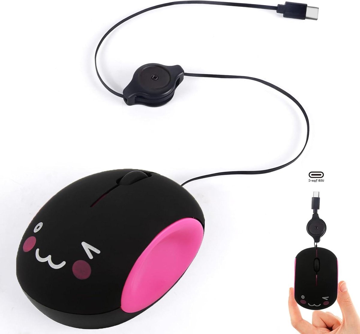 Mini Muis USB C - Compacte Computermuis - Draadloos Werken - Intrekbare Kabel - 70 cm - Zwart