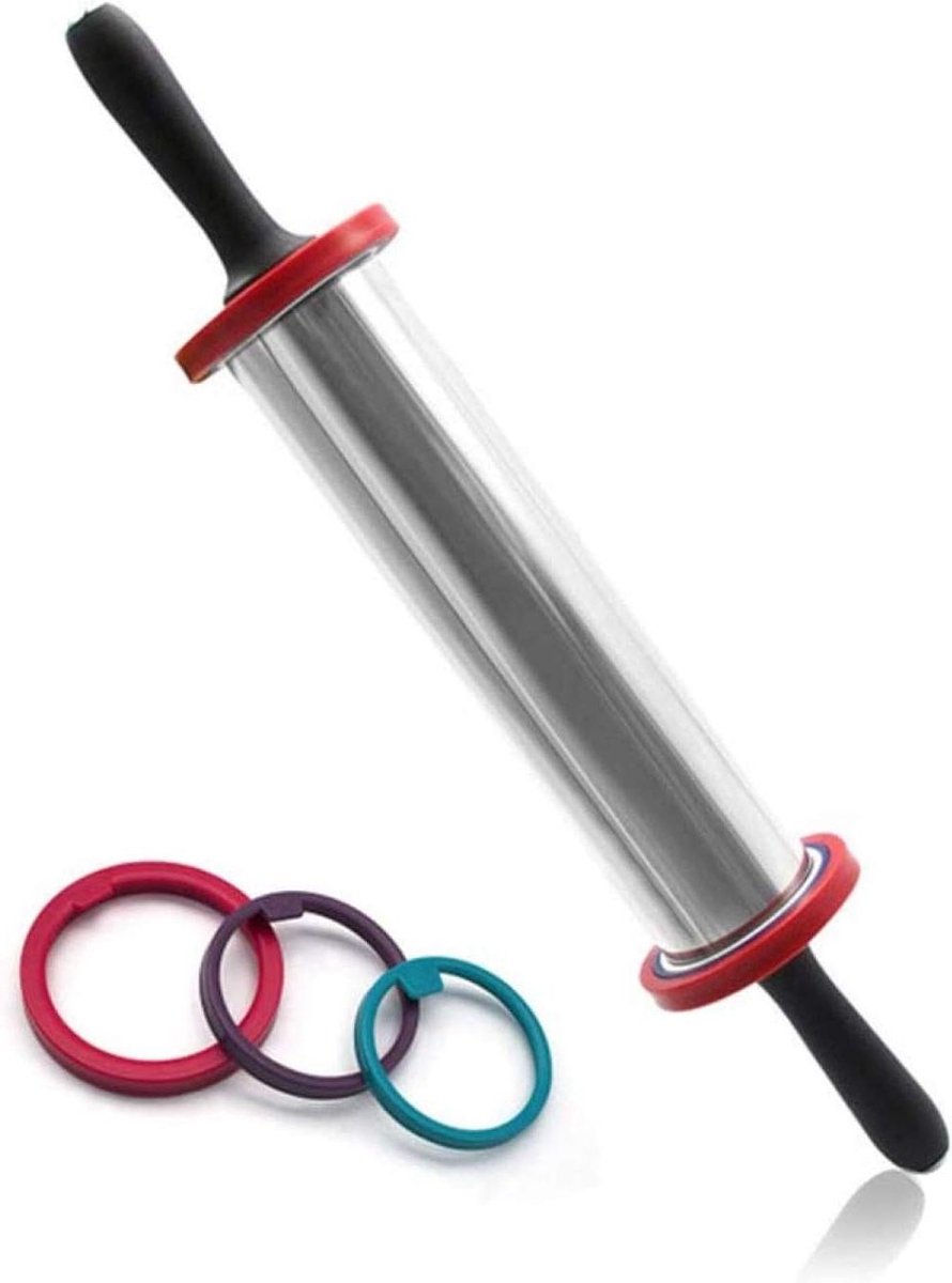 Verstelbare Deegroller - Bakroller RVS - Bakken van Gebak - Met Dikte Ringen - 48.5 cm - Zilver