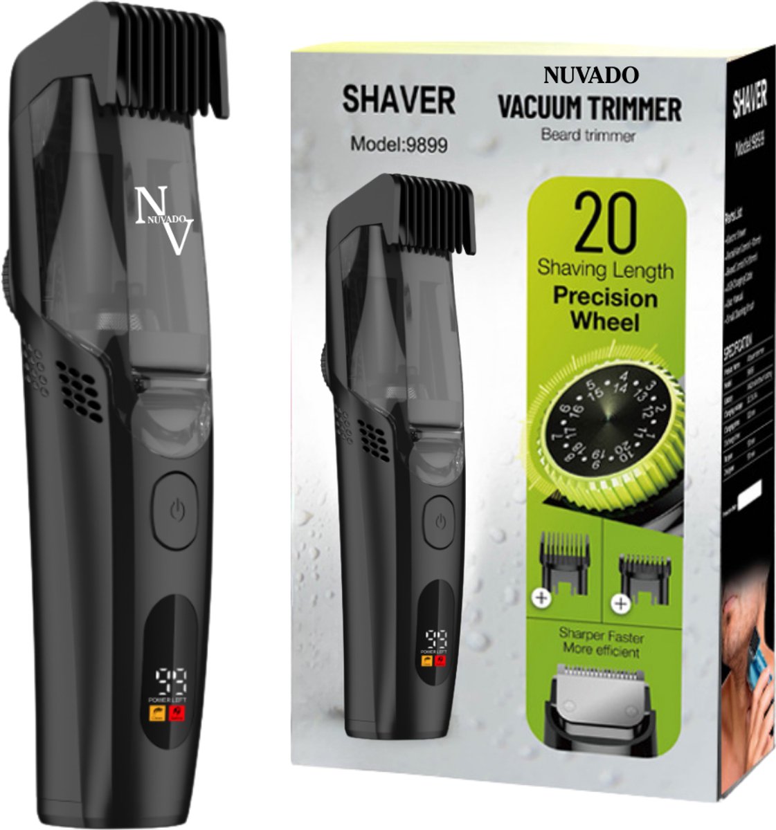 Nuvado Vacuüm Baardtrimmer Tondeuse Hoofdhaar- Zwart - Scheerapparaat - sterke motor -Verstelbaar 1-20mm - Ingebouwde afzuiging voor snor - Baard - Gezichtshaar- Precisie -Trimmer- Waterdicht - Lange batterij duur - Schoonmaken onder de douche