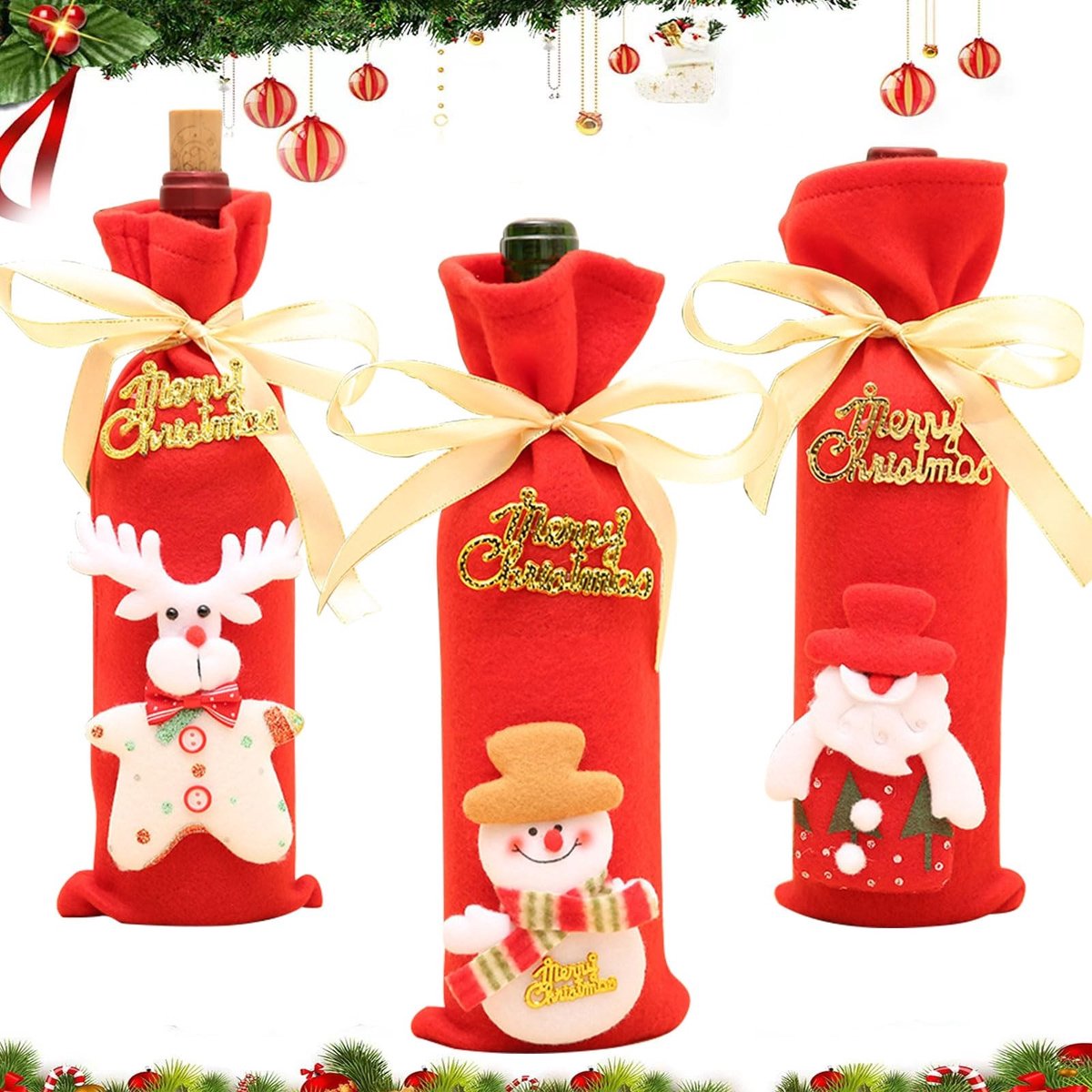 Dailygoody - Kerstwijnfleszakken - Kerstman - 3 stuks - Geschenktas - Tafeldecoraties - Wijnflessen - Perfect voor Kerstmis - Multifunctioneel