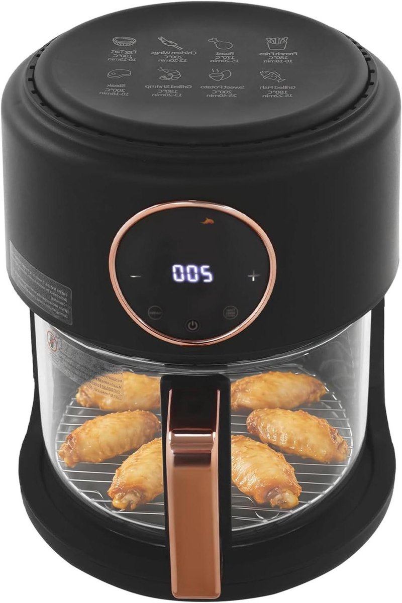 Glazen Airfryer - Heteluchtfriteuse Kom - Gezond Koken - Zichtbaar Kookproces - 4.2 Liter - Zwart