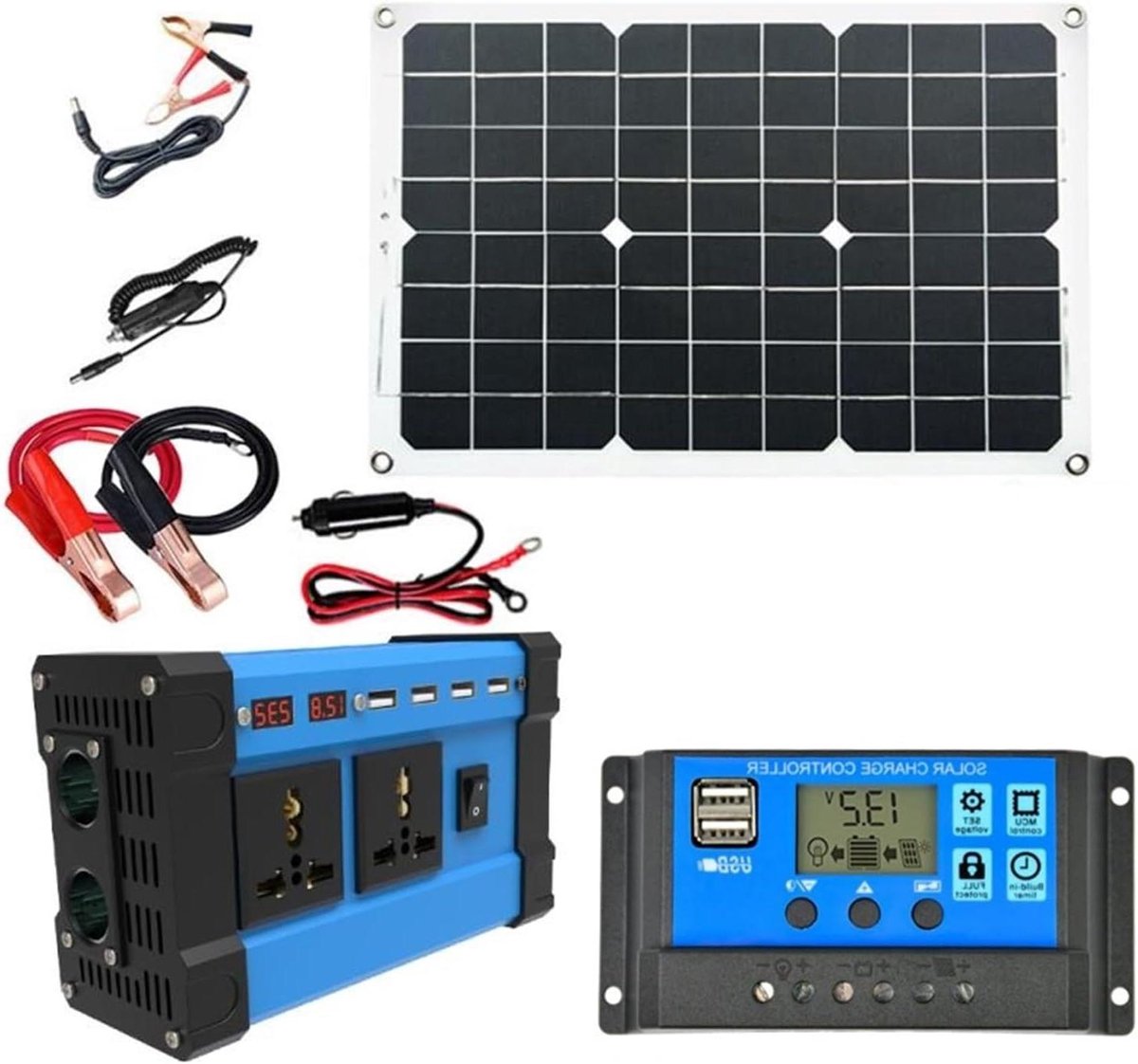 Solar Energie Systeem - Zonne-energie Kit - Stroom Opwekken - Draagbaar en Waterdicht - 18W - Blauw