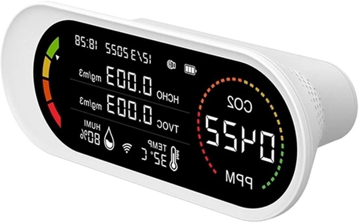 Luchtkwaliteit Detector - CO2 Meter Monitor - Binnenlucht Testen - Realtime Monitoring - 162 x 62 x 53 mm - Wit
