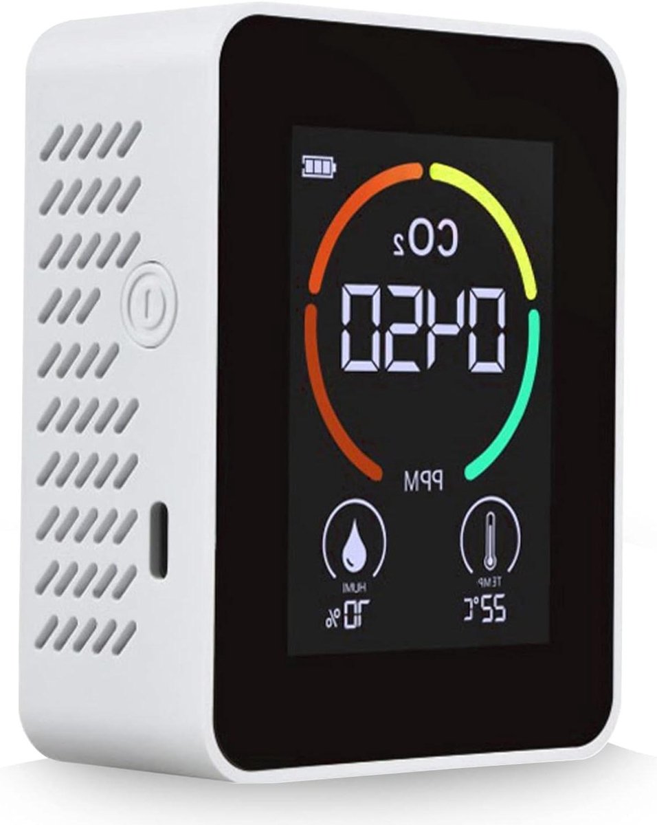 Luchtkwaliteit Monitor - CO2 Meter - Gezondheid Bewaken - 3-in-1 Meting - 90x70x40 mm - Wit