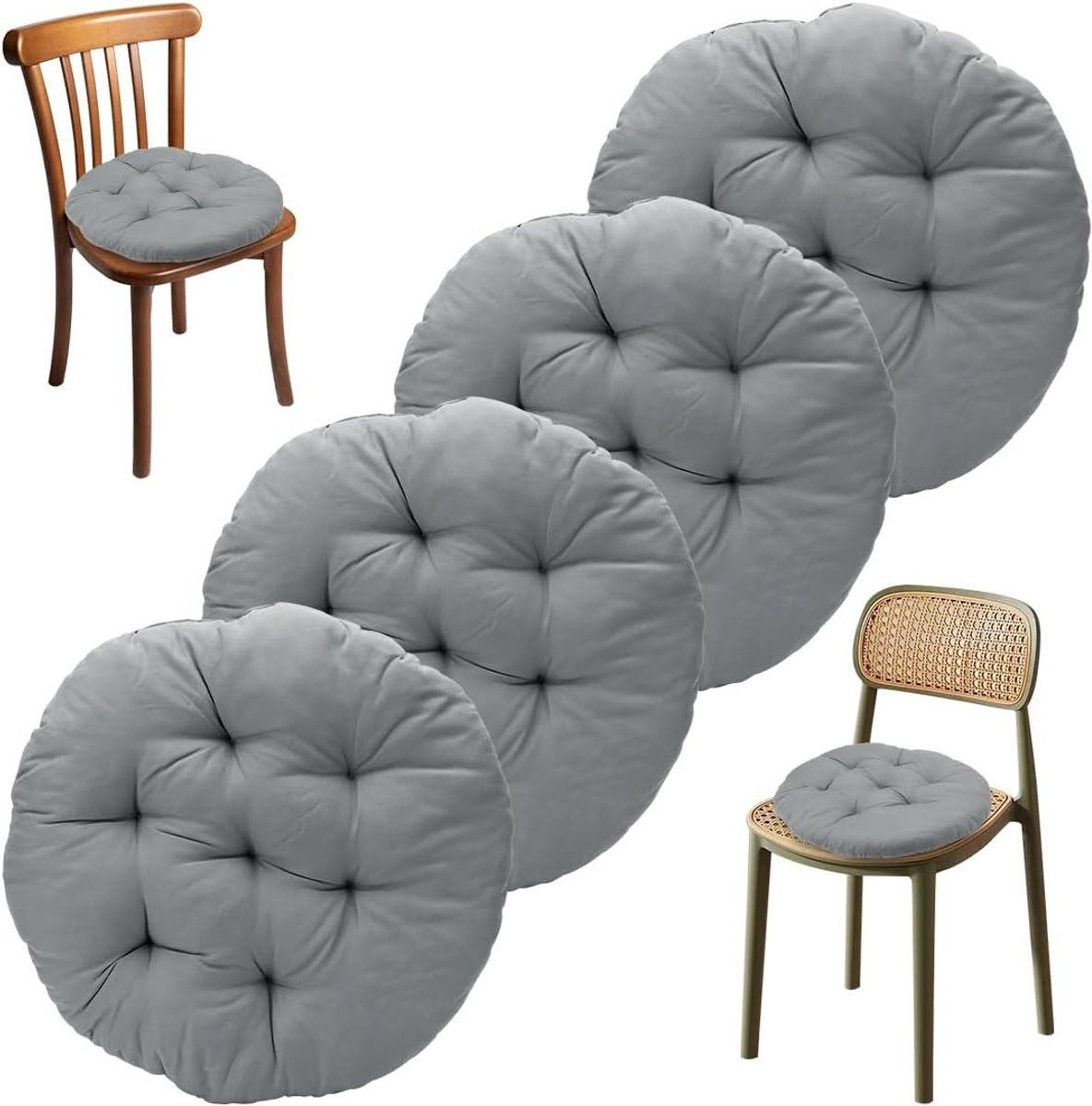 Ronde Zitkussens Set van 4 - 40 cm Grijs met Bevestigingsbanden voor Eetkamerstoelen, Tuin