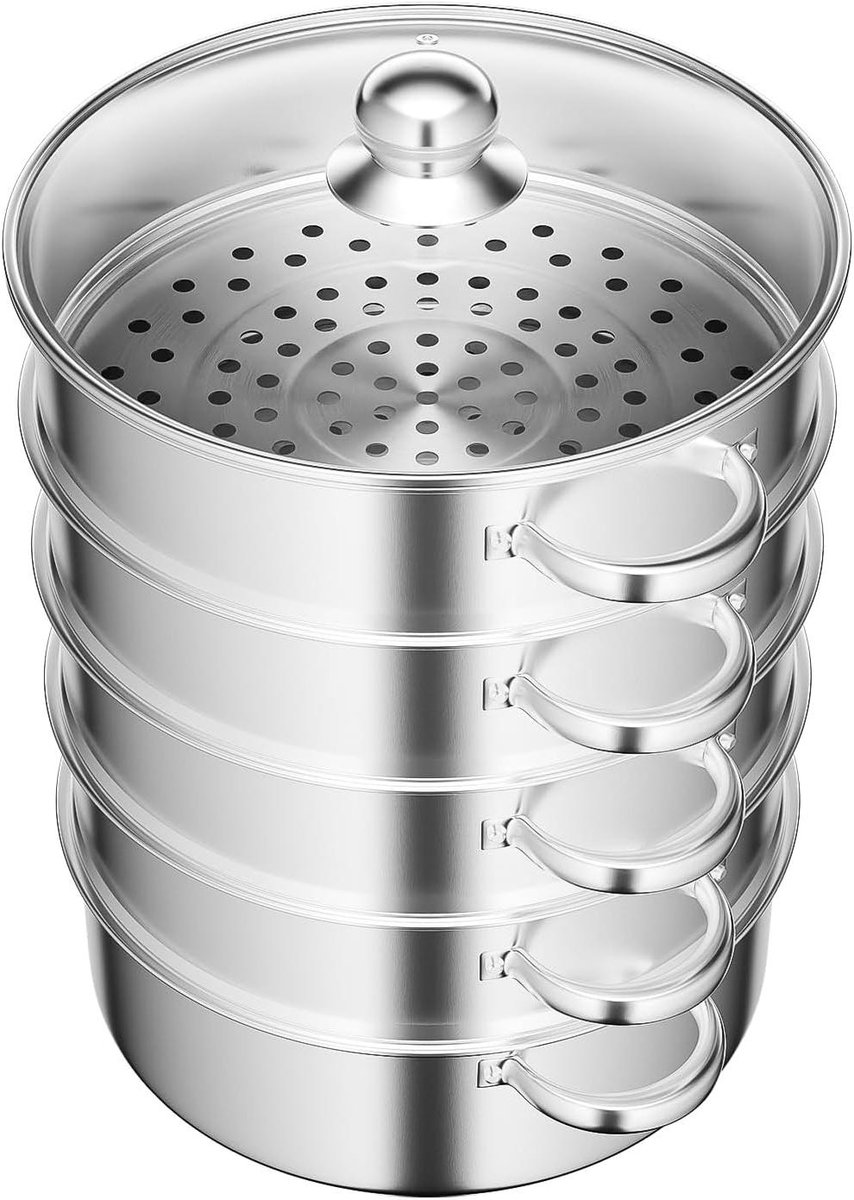 Stoompan RVS - Stoomkoker Stapelbaar - Gezond Koken - 5 Lagen Capaciteit - 28 cm - Zilver