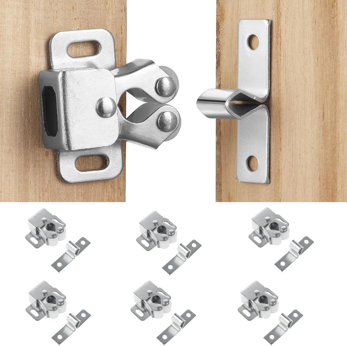 6 Stuks Dubbele Roller Kastslot, Hardware voor Keuken- en Kastdeuren, Inclusief Schroeven en Latch Mechanisme, Zilver