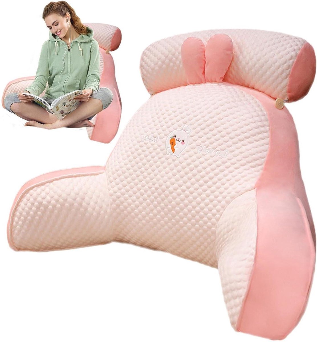 Leeskussen met armleuningen - Bedkussen vloerkussen - Comfortabel lezen ontspannen - Afneembaar nekkussen - 60x40cm 70x50cm - Konijn