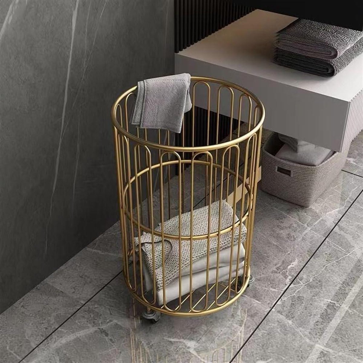 Draagbare Wasmand Met Wielen Was Opbergen Verbeterde Ventilatie Rond Formaat Goudkleurig
