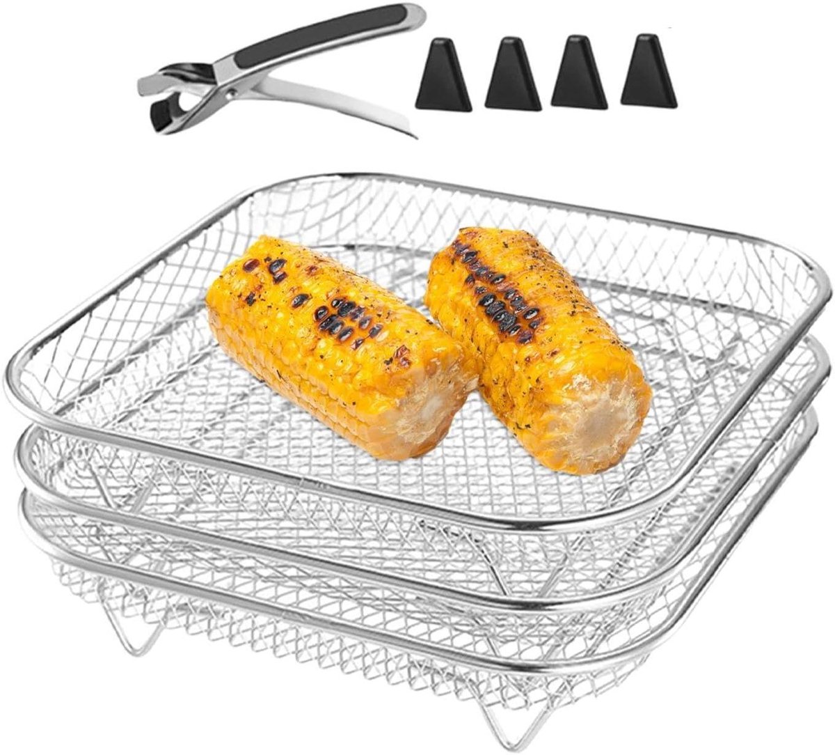 Airfryer Accessoires - Stapelbare Mand - Dubbel Koken - Roestvrij Staal - 3 Delig - Zilverkleurig